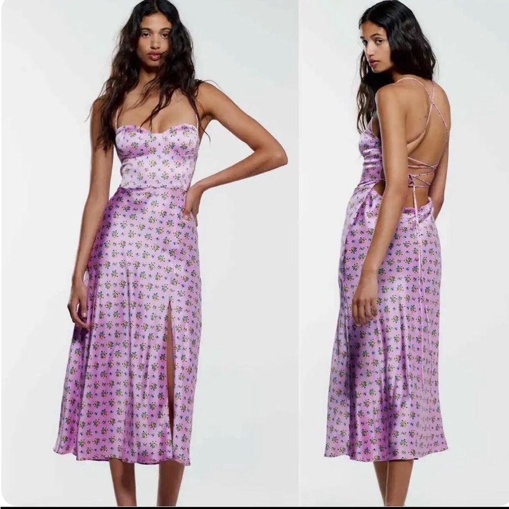 ZARA satin floral midi dress
